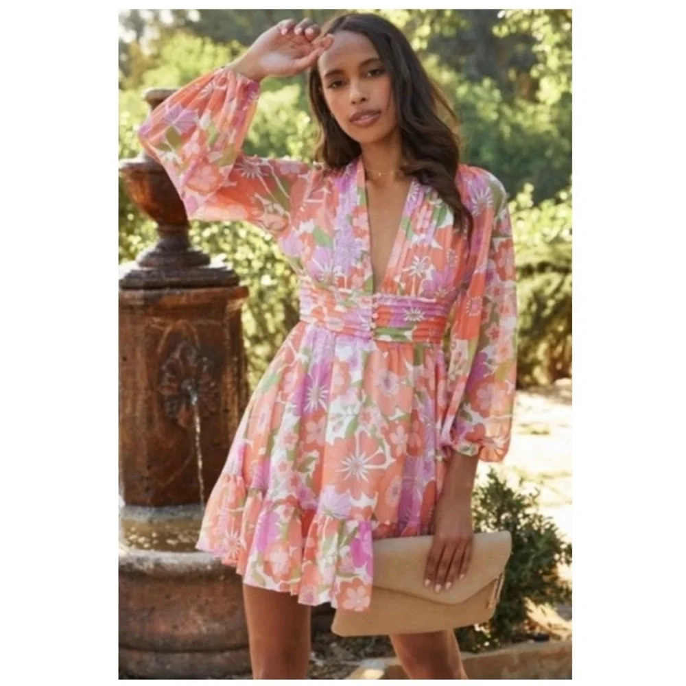 VICI Collection Floral Long Sleeve Chiffon Babydoll Dress Size Large NWT New